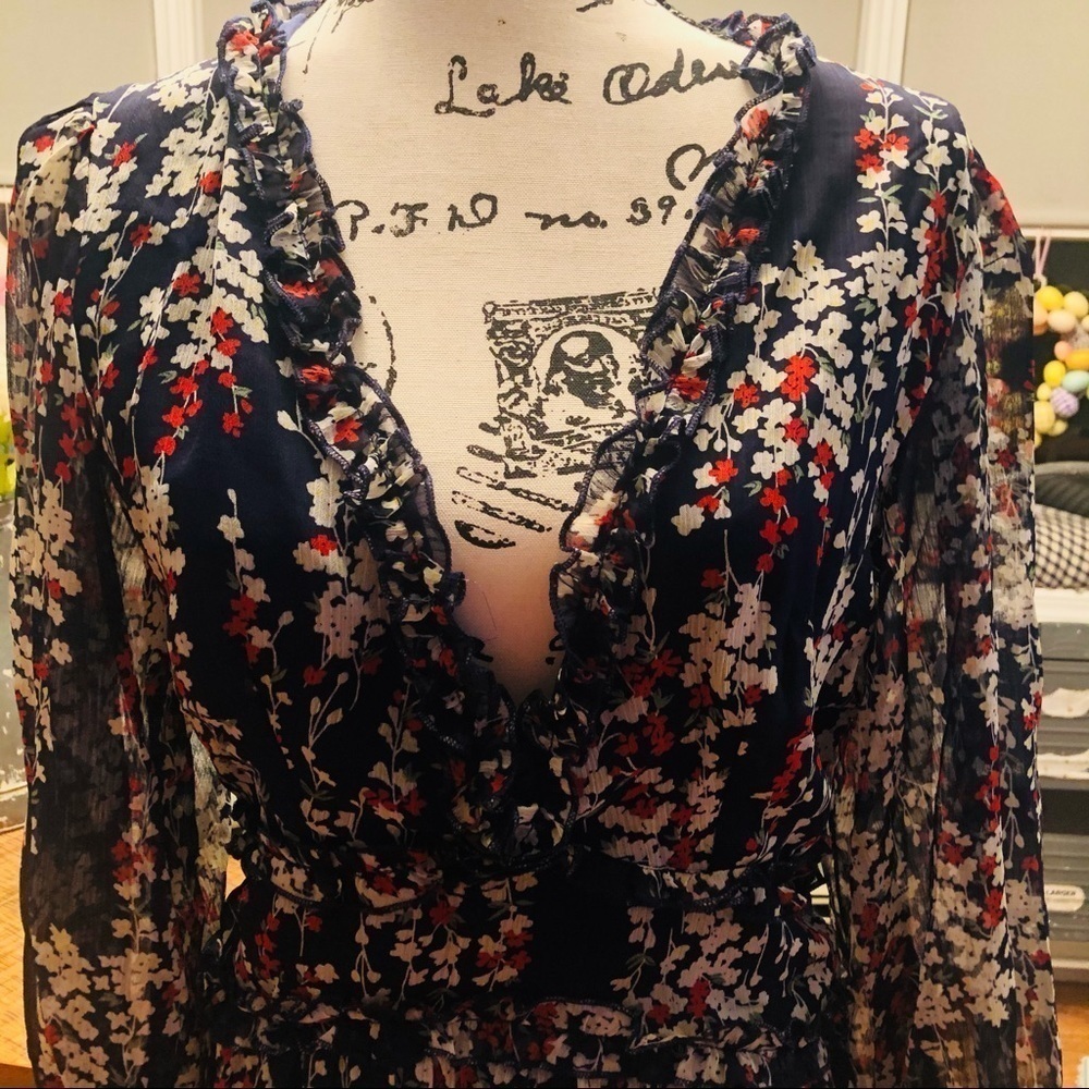 Floral Ruffle Tiered Mini Dress Open Back Long Sleeve NWT - Picture 8 of 8